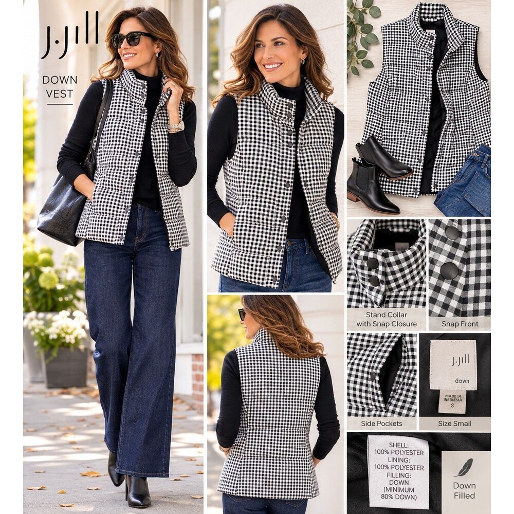 J.Jill Women S Down Puffer Vest Black White Gingham Plaid Snap Front Preppy Chic